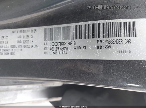 1C3CCCAB4GN106619 2016 CHRYSLER 200 Gray Շարժիչի բաժամունքի տեսք