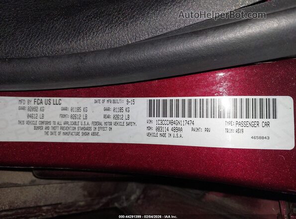 1C3CCCAB4GN117474 2016 CHRYSLER 200 Burgundy Շարժիչի բաժամունքի տեսք