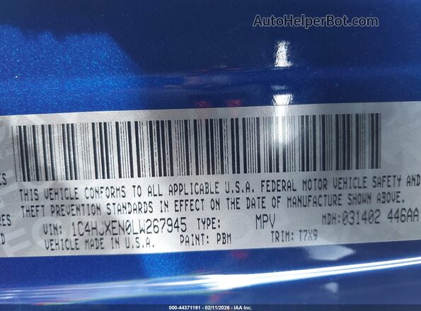 1C4HJXEN0LW267945 2020 JEEP WRANGLER UNLIMITED Blue Շարժիչի բաժամունքի տեսք