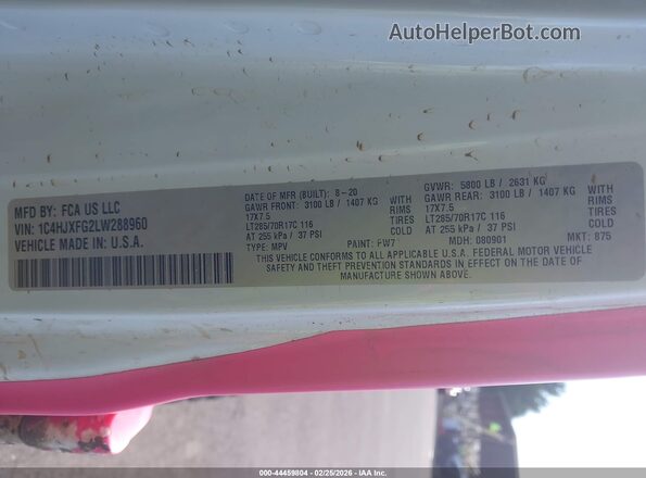 1C4HJXFG2LW288960 2020 JEEP WRANGLER UNLIMITED Pink 