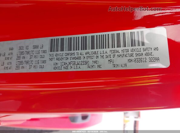 1C4HJXFG8JW123301 2018 JEEP WRANGLER UNLIMITED Red 