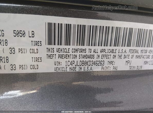 1C4PJLDB0KD346263 2019 JEEP CHEROKEE Gray 
