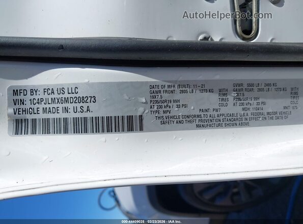 1C4PJLMX6MD208273 2021 JEEP CHEROKEE White Вид підкапотного простору
