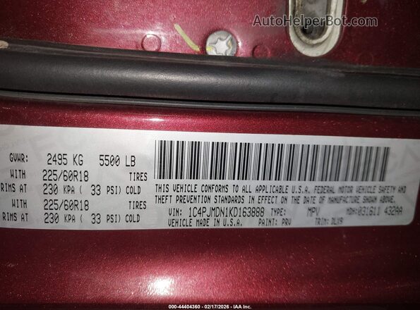 1C4PJMDN1KD163888 2019 JEEP CHEROKEE Красный Вид подкапотного пространства