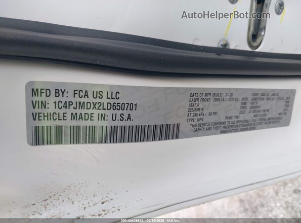 1C4PJMDX2LD650701 2020 JEEP CHEROKEE White Вид підкапотного простору