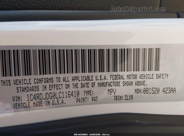 1C4RDJDG0LC116410 2020 DODGE DURANGO White 