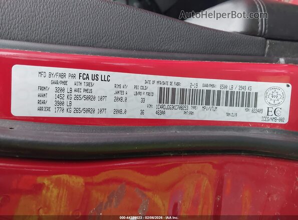 1C4RDJDG3KC708253 2019 DODGE DURANGO Red ძრავის განყოფილების ხედი