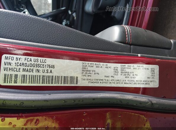 1C4RDJDG9SC517646 2025 DODGE DURANGO Maroon 