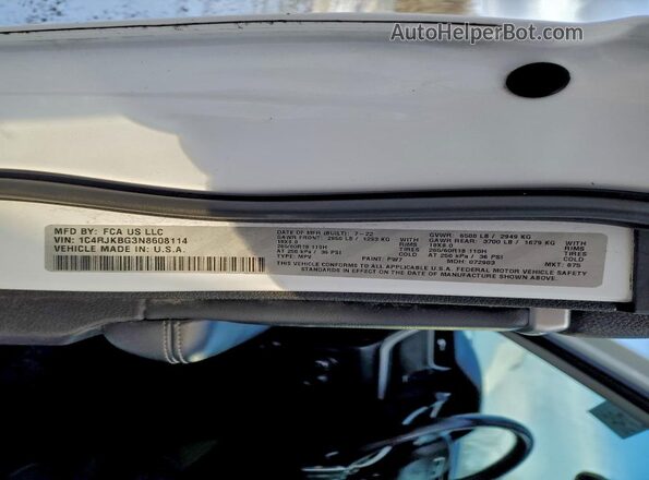 1C4RJKBG3N8608114 2022 JEEP GRAND White VIN sticker view