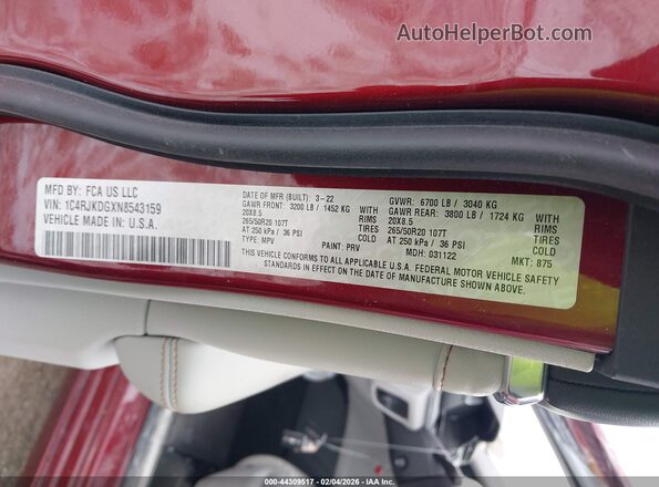 1C4RJKDGXN8543159 2022 JEEP GRAND CHEROKEE L Red 