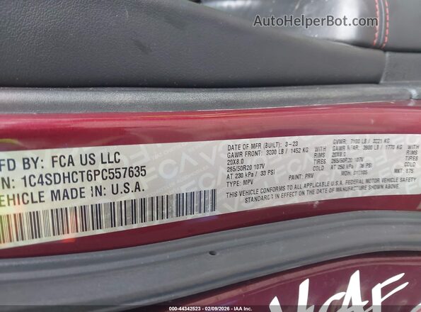 1C4SDHCT6PC557635 2023 DODGE DURANGO Red Շարժիչի բաժամունքի տեսք