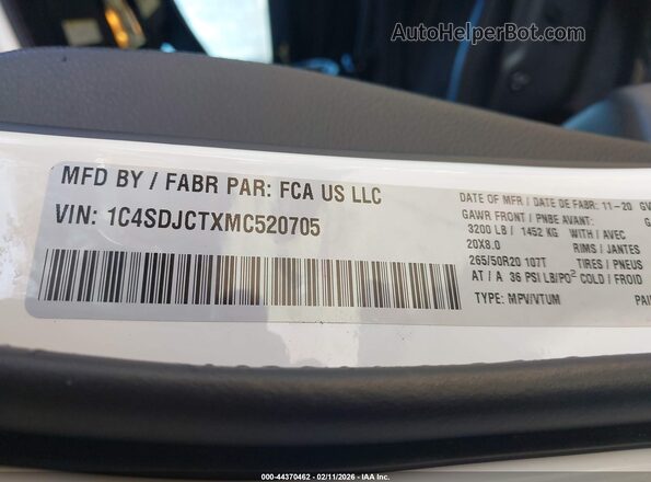 1C4SDJCTXMC520705 2021 DODGE DURANGO White 