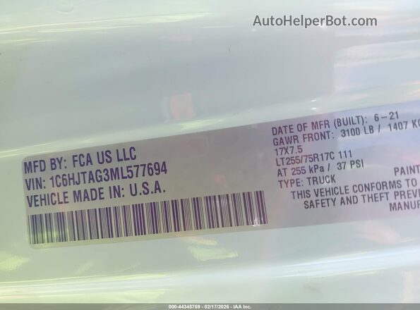 1C6HJTAG3ML577694 2021 JEEP GLADIATOR White Vista del compartimento del motor