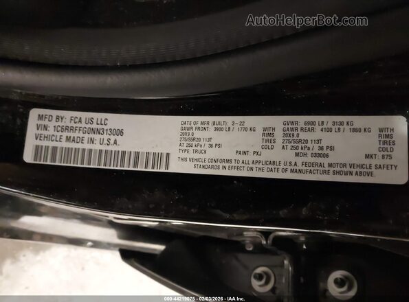 1C6RRFFG0NN313006 2022 RAM 1500 Black 
