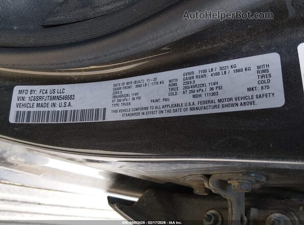 1C6SRFJT6MN546683 2021 RAM 1500 Черный Вид подкапотного пространства