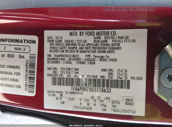 1FA6P0H7XG5118633 2016 FORD FUSION Red ძრავის განყოფილების ხედი