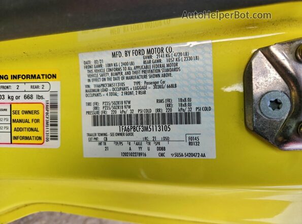 1FA6P8CF3M5113105 2021 FORD MUSTANG Yellow 