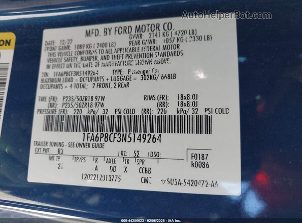 1FA6P8CF3N5149264 2022 FORD MUSTANG Blue Շարժիչի բաժամունքի տեսք