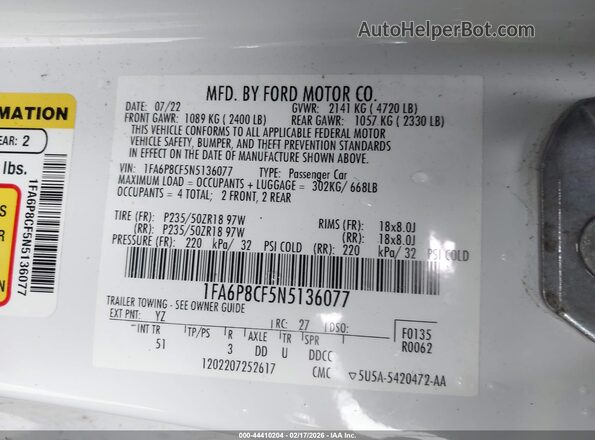 1FA6P8CF5N5136077 2022 FORD MUSTANG White Widok komory silnika