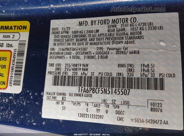 1FA6P8CF5N5145507 2022 FORD MUSTANG Blue Widok komory silnika