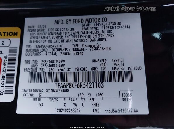 1FA6P8CF6R5421103 2024 FORD MUSTANG Black Vista del compartimento del motor