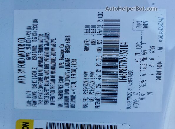 1FA6P8CF7K5153104 2019 FORD MUSTANG White 