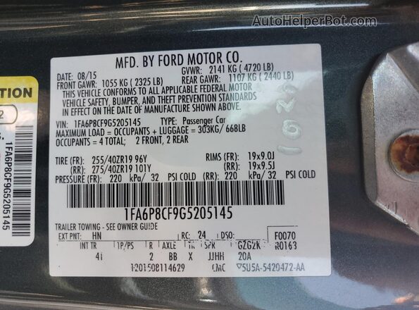 1FA6P8CF9G5205145 2016 FORD MUSTANG Green VIN sticker view