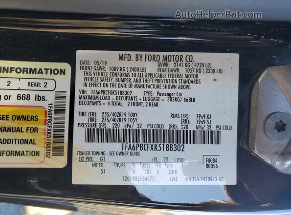 1FA6P8CFXK5188302 2019 FORD MUSTANG Black 