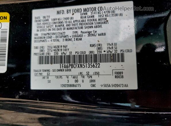 1FA6P8CFXN5135622 2022 FORD MUSTANG Черный Вид наклейки с VIN-кодом