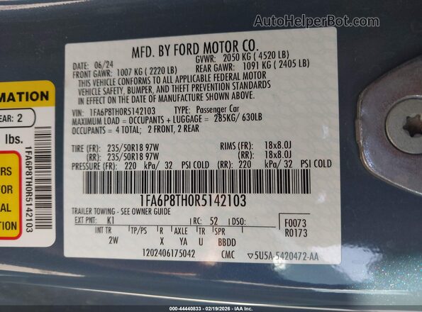 1FA6P8TH0R5142103 2024 FORD MUSTANG Blue Vista del compartimento del motor