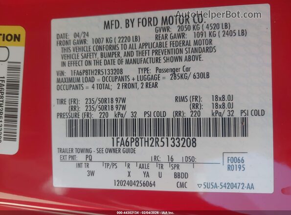 1FA6P8TH2R5133208 2024 FORD MUSTANG Красный Вид подкапотного пространства