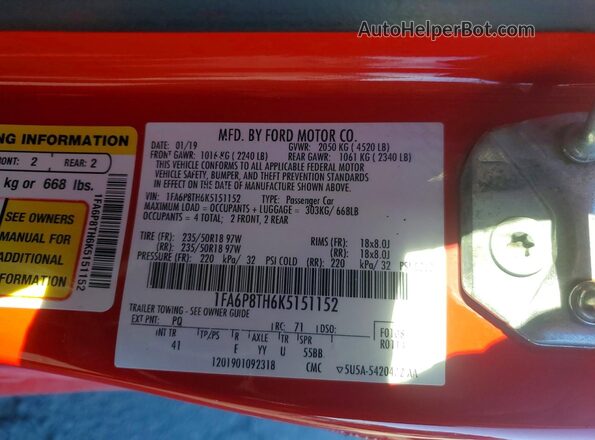 1FA6P8TH6K5151152 2019 FORD MUSTANG Red 