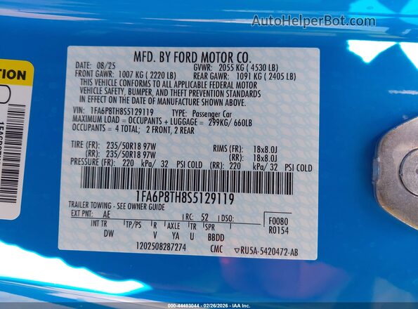 1FA6P8TH8S5129119 2025 FORD MUSTANG Blue Widok komory silnika