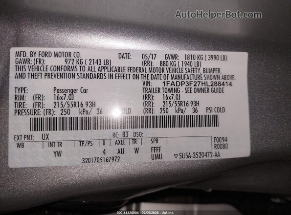 1FADP3F27HL288414 2017 FORD FOCUS Серебряный Вид подкапотного пространства