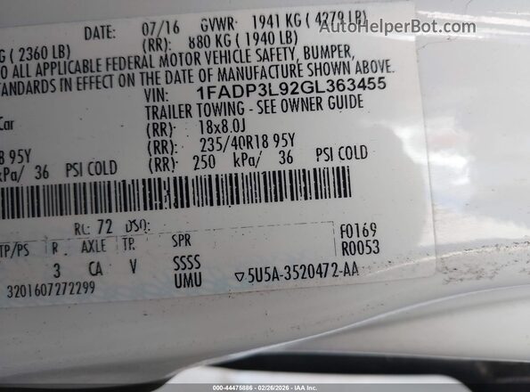 1FADP3L92GL363455 2016 FORD FOCUS ST White Вид підкапотного простору