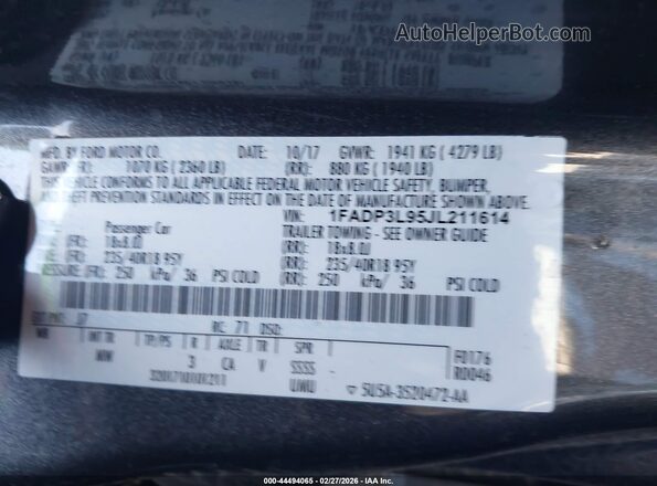 1FADP3L95JL211614 2018 FORD FOCUS ST Серый Вид подкапотного пространства