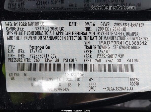 1FADP3R41GL388312 2016 FORD FOCUS ELECTRIC Черный Вид подкапотного пространства