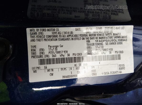 1FADP5AU8GL108943 2016 FORD C-MAX HYBRID Dark Blue Вид подкапотного пространства