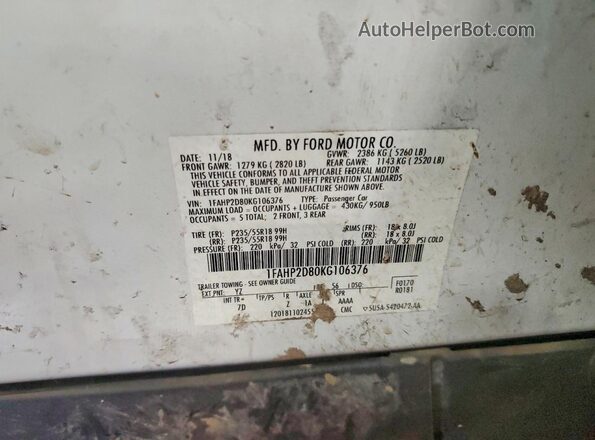 1FAHP2D80KG106376 2019 FORD TAURUS White 