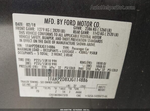 1FAHP2D8XJG114886 2018 FORD TAURUS Gray 
