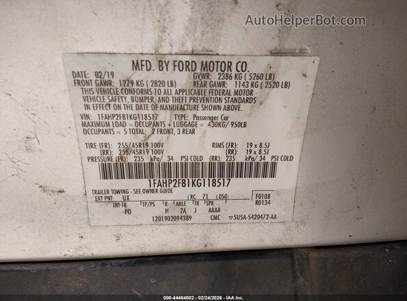 1FAHP2F81KG118517 2019 FORD TAURUS Серебряный 