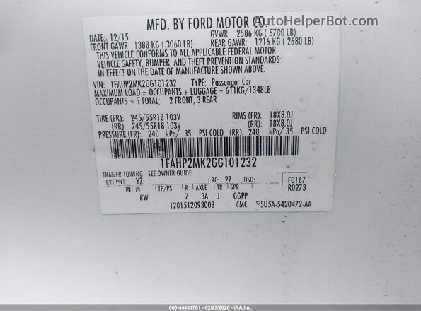 1FAHP2MK2GG101232 2016 FORD POLICE INTERCEPTOR Белый Вид подкапотного пространства
