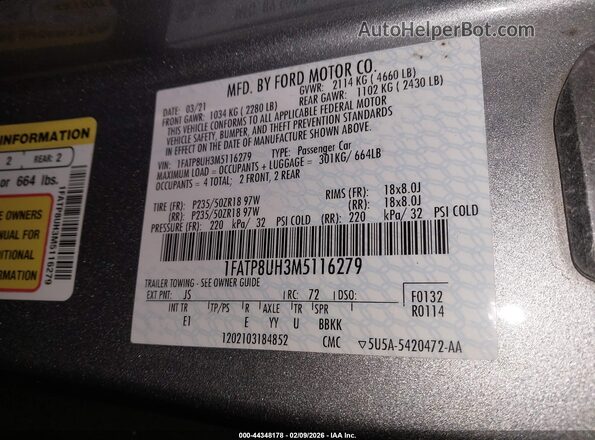 1FATP8UH3M5116279 2021 FORD MUSTANG Silver 