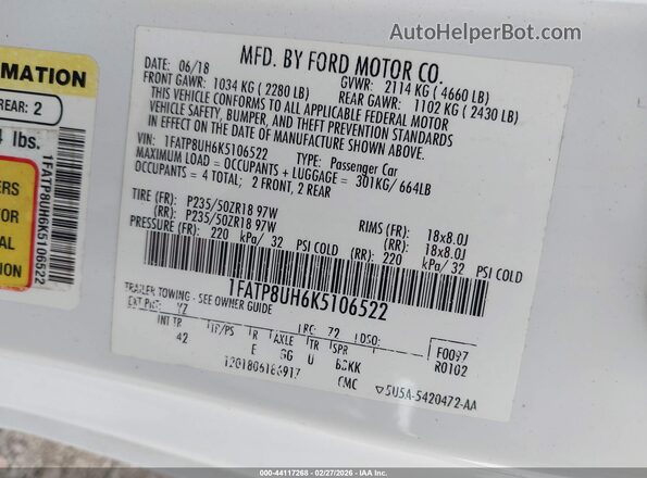 1FATP8UH6K5106522 2019 FORD MUSTANG White Widok komory silnika
