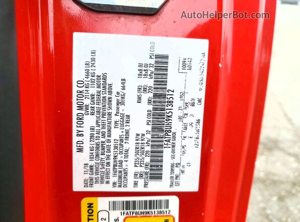 1FATP8UH9K5138512 2019 FORD MUSTANG Red 