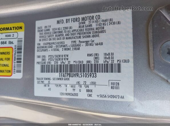 1FATP8UH9L5105933 2020 FORD MUSTANG Серебряный Вид подкапотного пространства