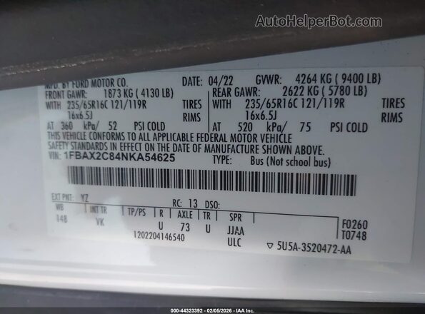 1FBAX2C84NKA54625 2022 FORD PASSENGER White Engine compartment view