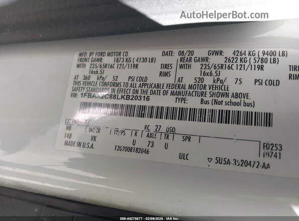 1FBAX2C88LKB20316 2020 FORD PASSENGER White Widok komory silnika
