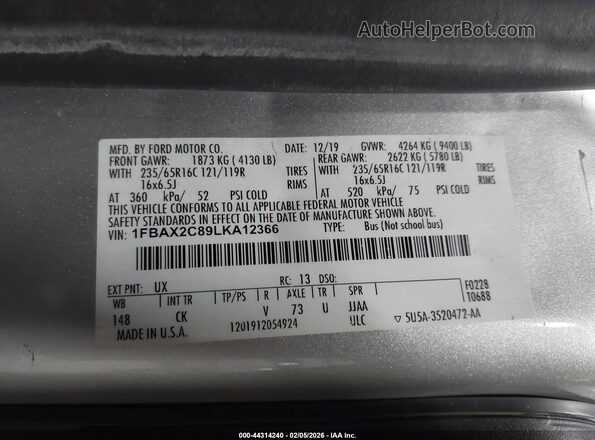1FBAX2C89LKA12366 2020 FORD PASSENGER Silver Engine compartment view