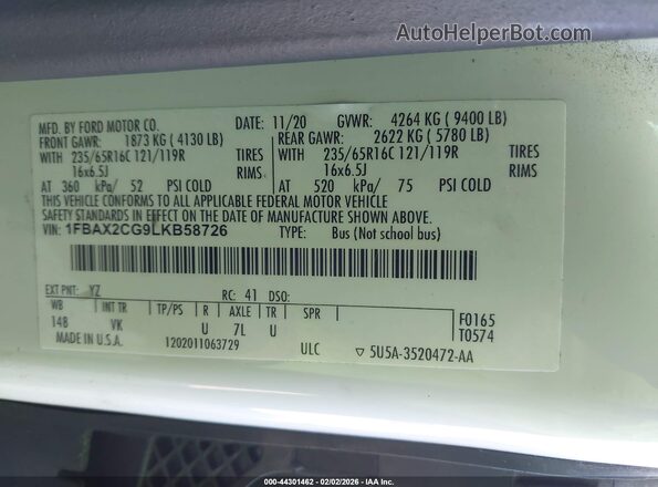 1FBAX2CG9LKB58726 2020 FORD PASSENGER White Engine compartment view